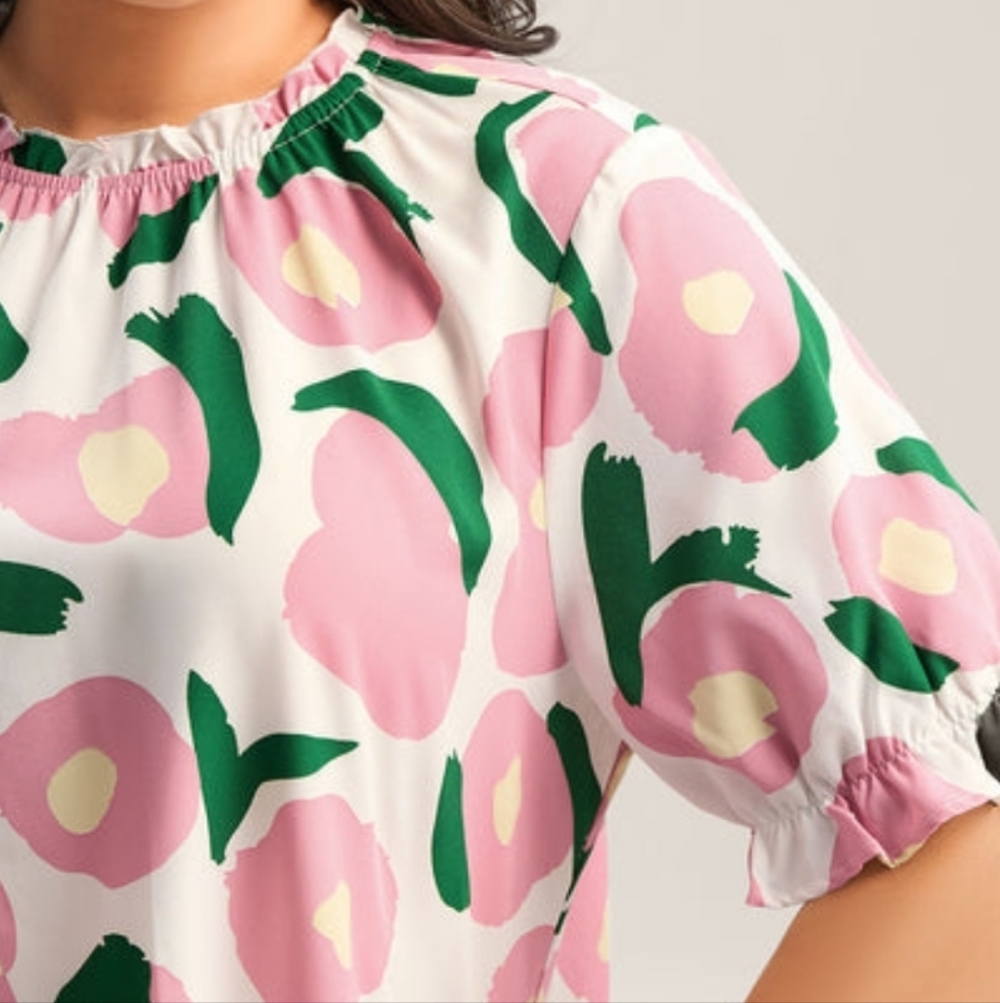 Bloom Chic Ruffled Neck Puffy Sleeve Blouse-Floral White, Pink and Green Pattern - Picture 6 of 6